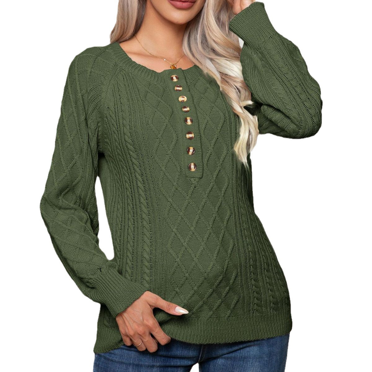 Women's Casual Button Twisted Long Sleeve Knitted Pullover