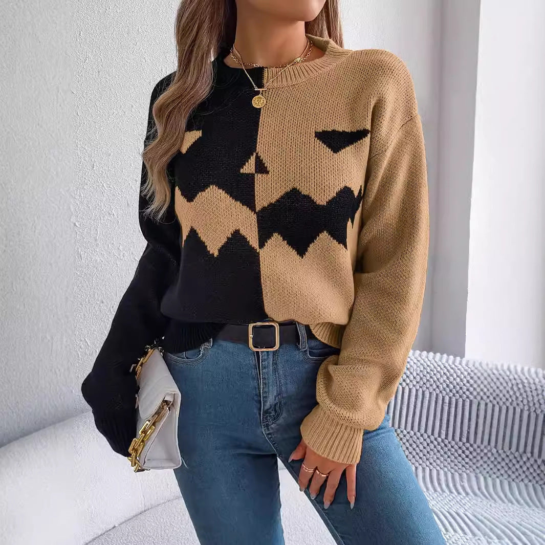 Women's Halloween Contrast-color Pullover Long Sleeve Knitted Top