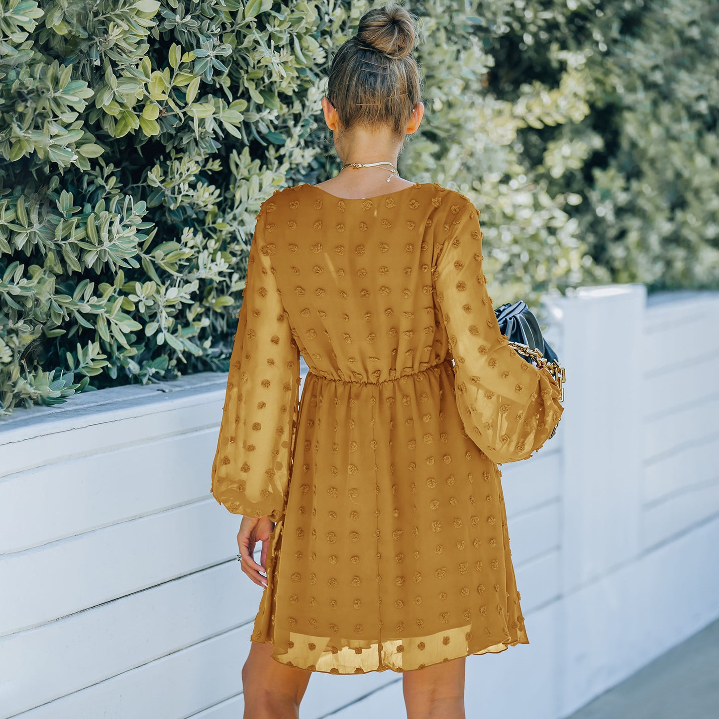 Women's V-neck Long-sleeved Mesh Dress