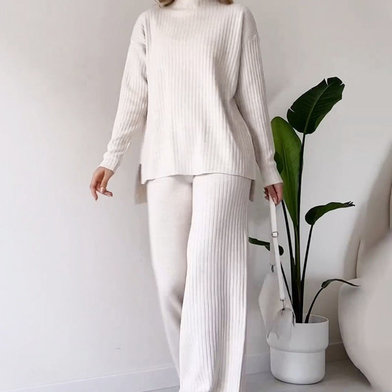 Women's Turtleneck Knitted Suit Loose Split Design Long-sleeved Top Set
