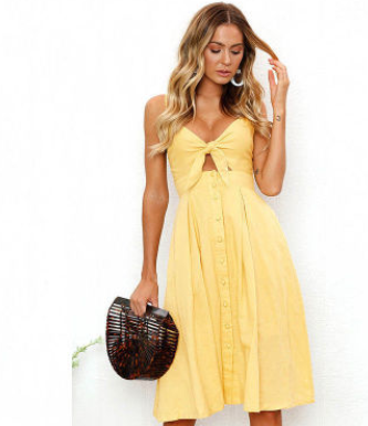 Women's Long Sleeveless Strap Close-fitting Bow Tie Button Front Sheath Dress