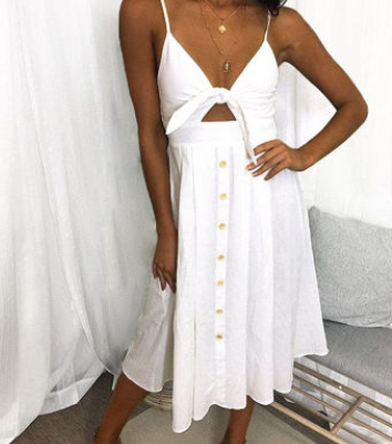 Women's Long Sleeveless Strap Close-fitting Bow Tie Button Front Sheath Dress