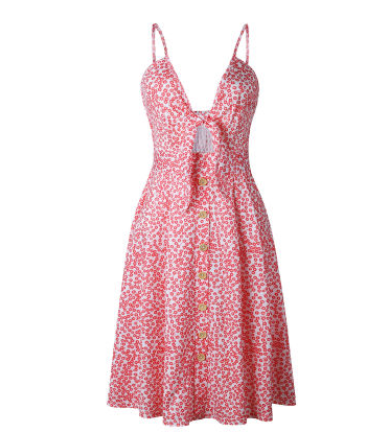 Women's Long Sleeveless Strap Close-fitting Bow Tie Button Front Sheath Dress