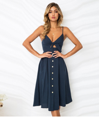 Women's Long Sleeveless Strap Close-fitting Bow Tie Button Front Sheath Dress