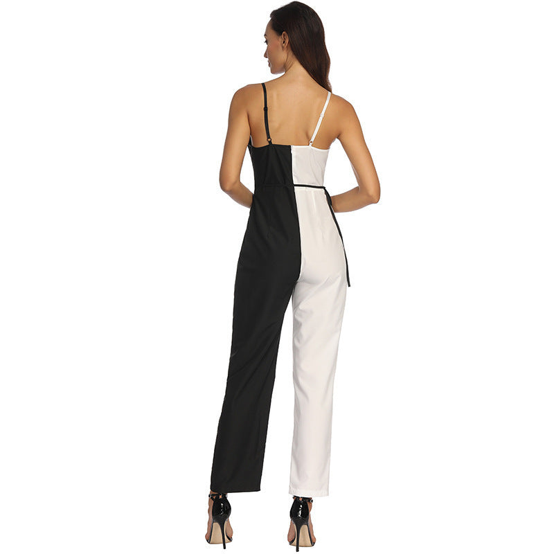 Women's Black & White Color Matching Sexy Sling Jumpsuit