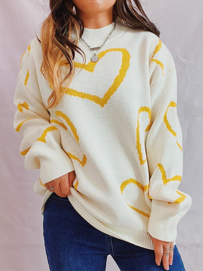 Women's Love Pattern Round Neck Long Sleeve Sweater - Perfect for Valentines Day!