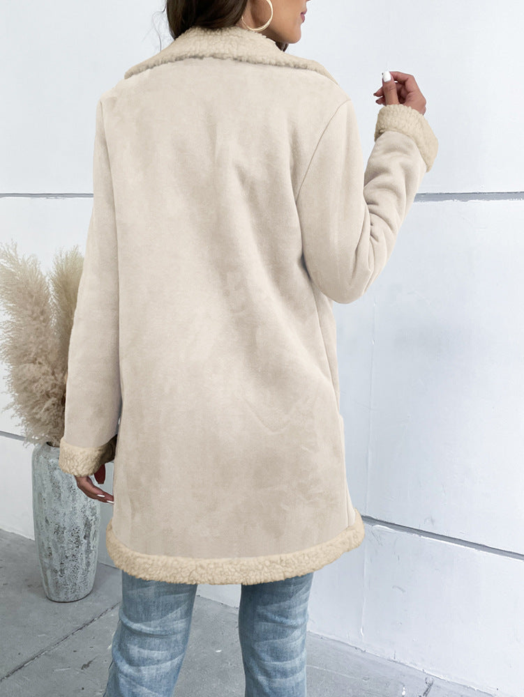 Women's Long Sleeve Lapel Suede Elegant Woolen Coat