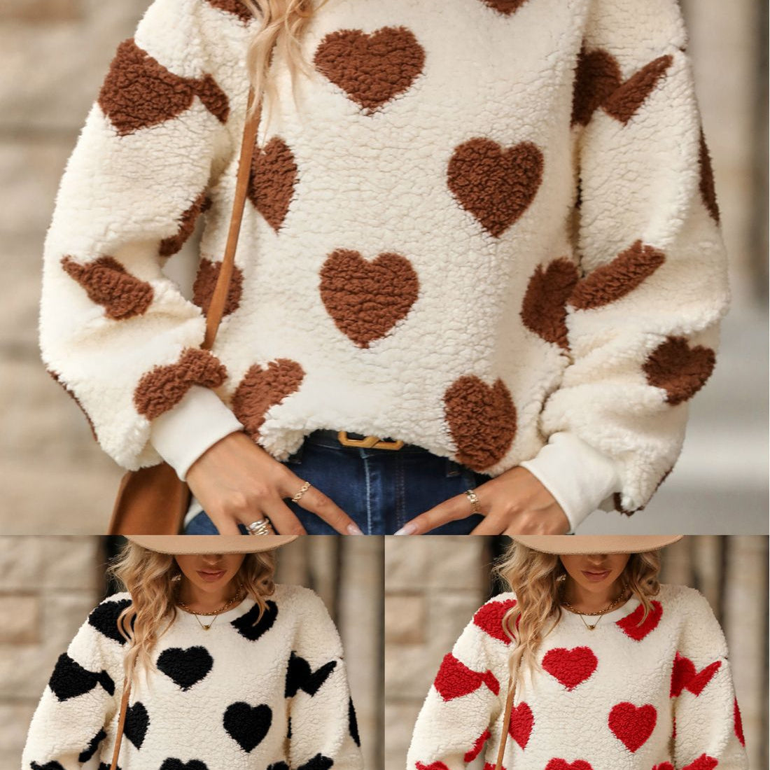 Women's Plush Loving Heart Printed Long Sleeve Crew Neck Sweatshirt - Perfect for Valentines Day!