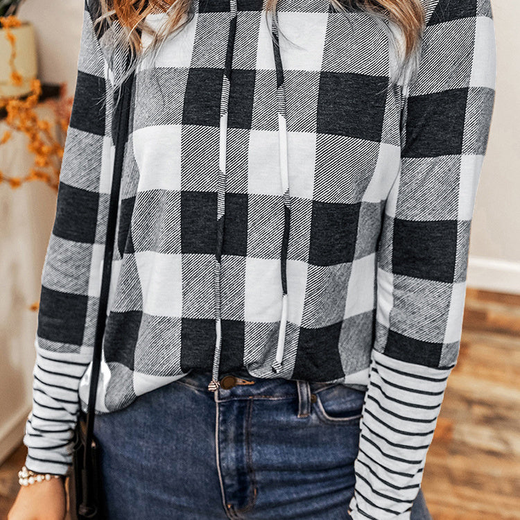 Women's Casual Plaid Stitching Long Pullover Hoodie