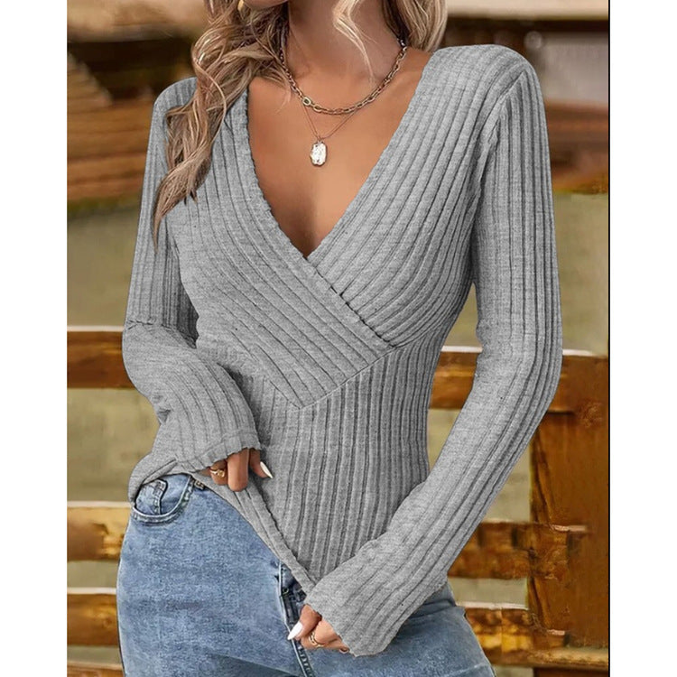 Women's Intellectual Style Pullover V-neck Slim-fit Long sleeve Shirt