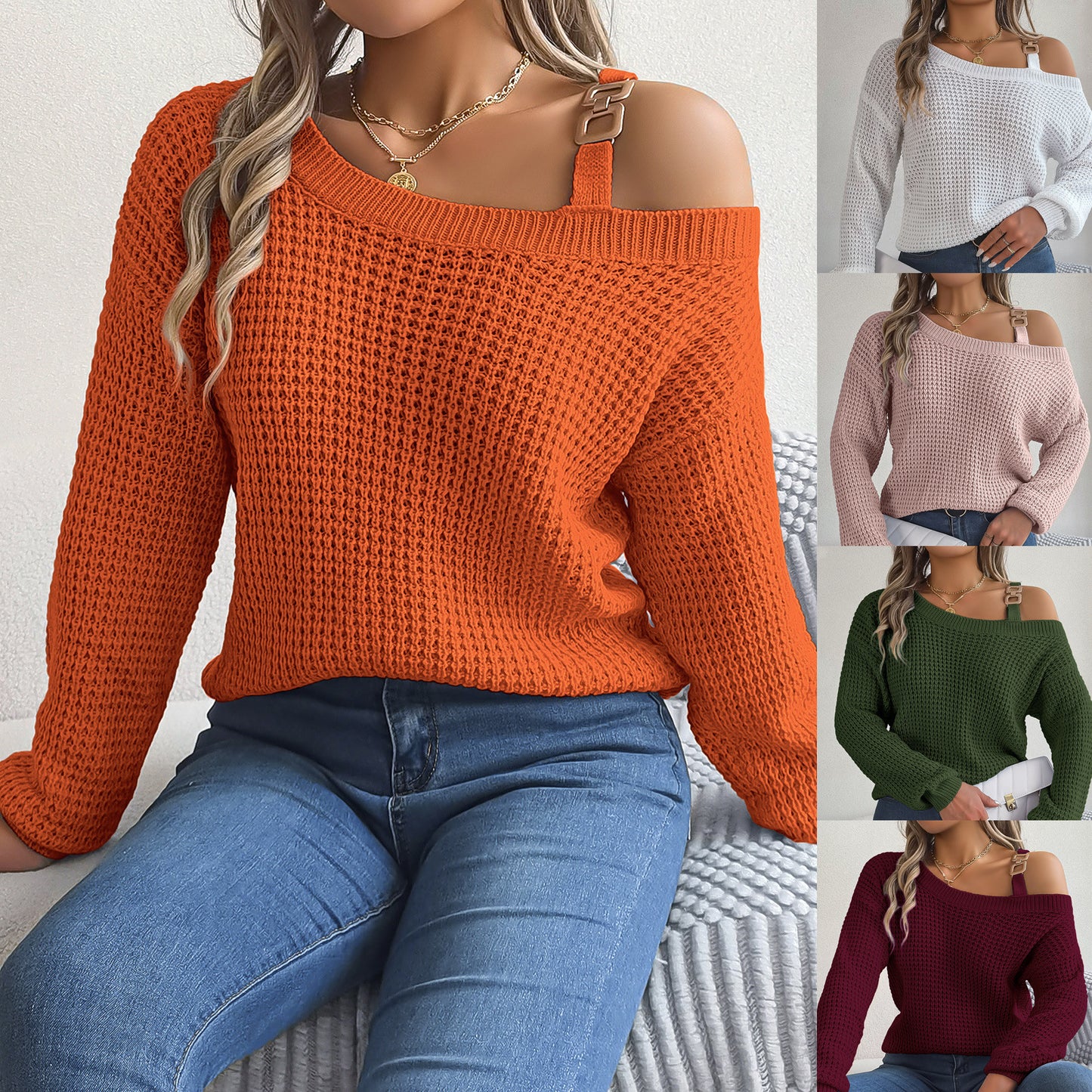 Women's Casual Metal Buckle Patchwork Cold-Off Shoulder Sleeve Pullover Sweater