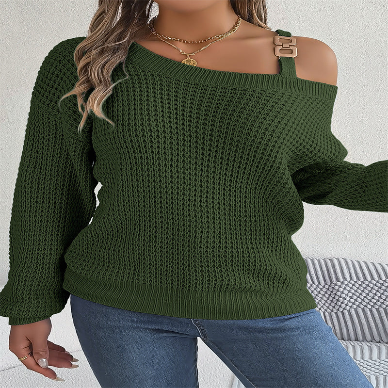 Women's Casual Metal Buckle Patchwork Cold-Off Shoulder Sleeve Pullover Sweater