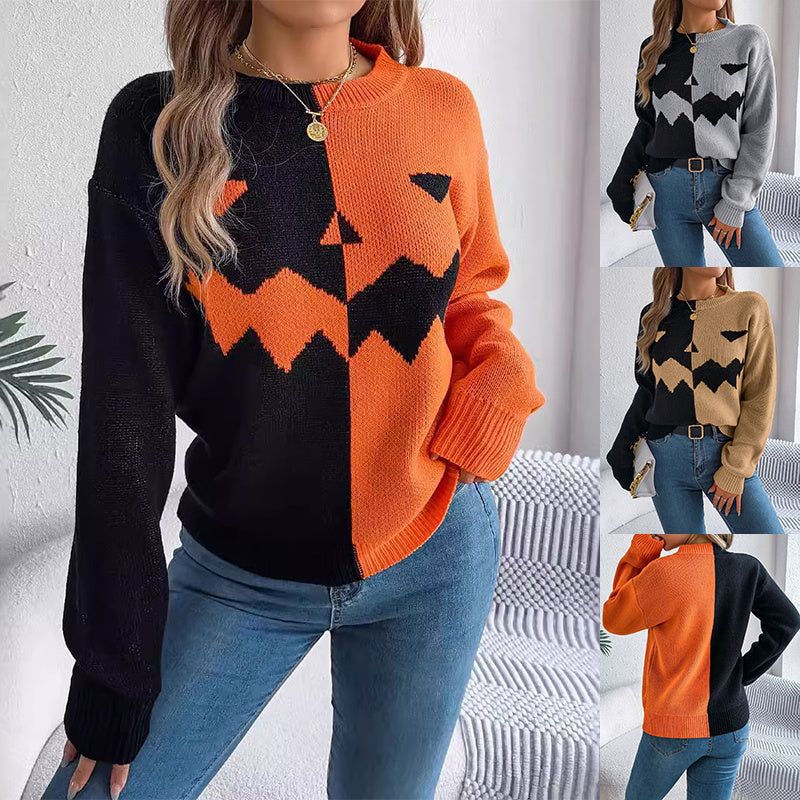 Women's Halloween Contrast-color Pullover Long Sleeve Knitted Top