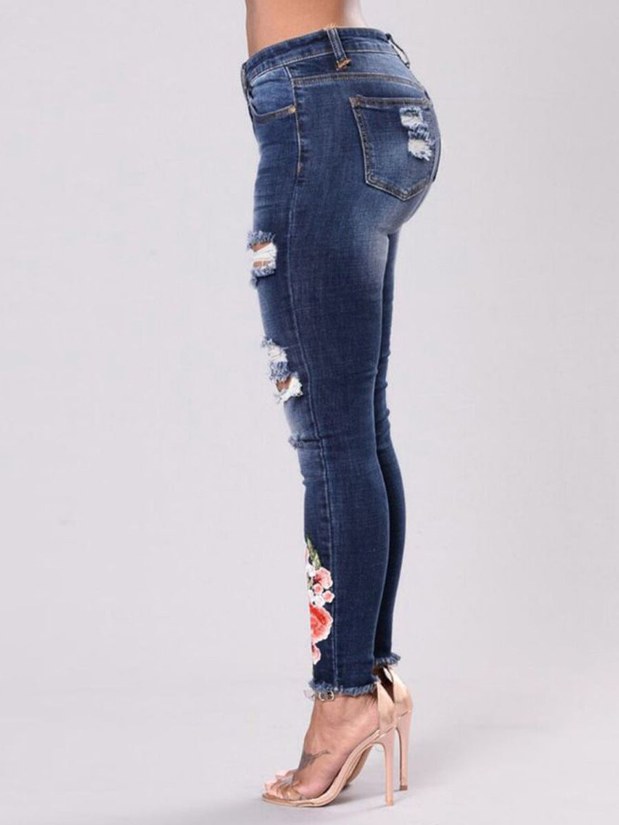 Women's High Rise Ripped Jeans With Embroidery High (Sm-3XL)