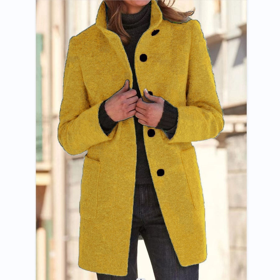 Women's Fashion Woolen Coat With Pockets Casual Button Outwear Jacket