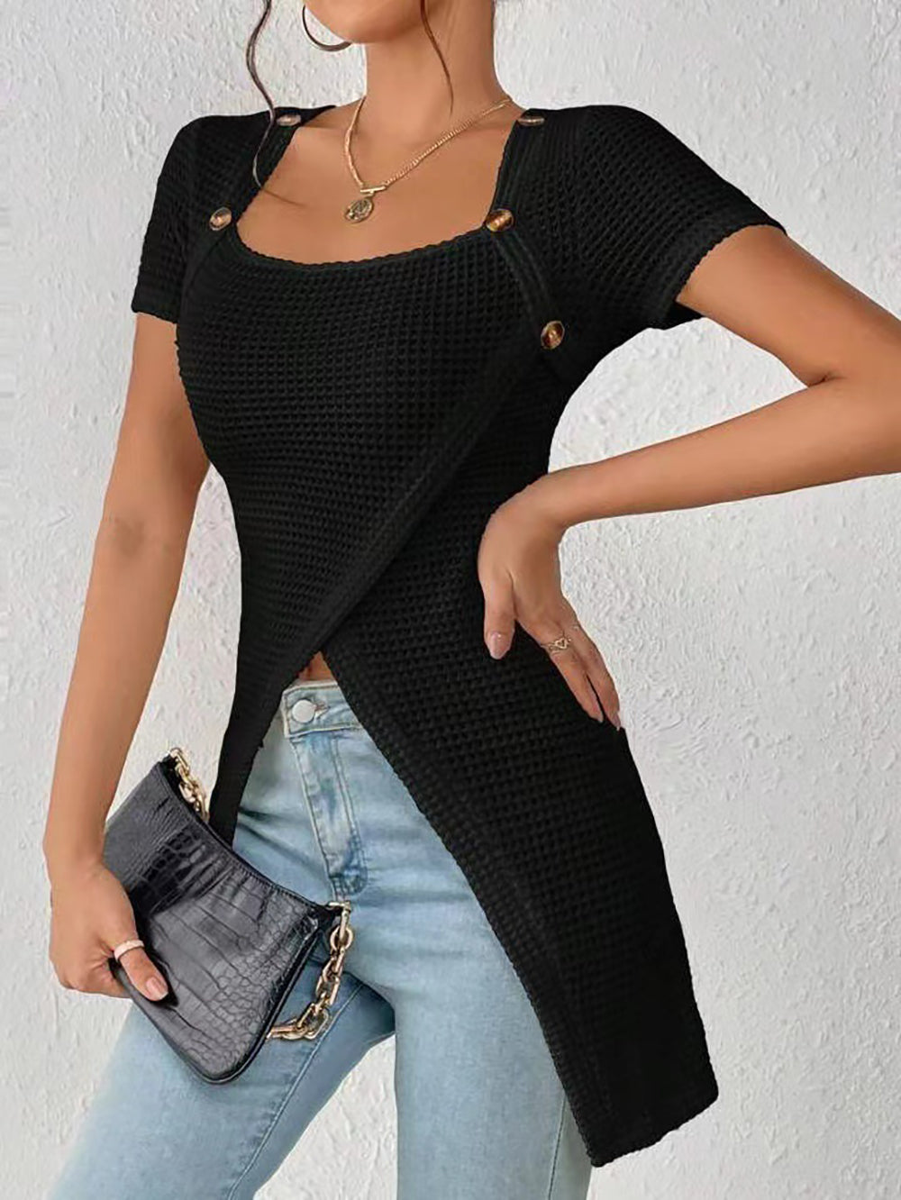 Women's Waffle Knit Long Hem Slit Button Top