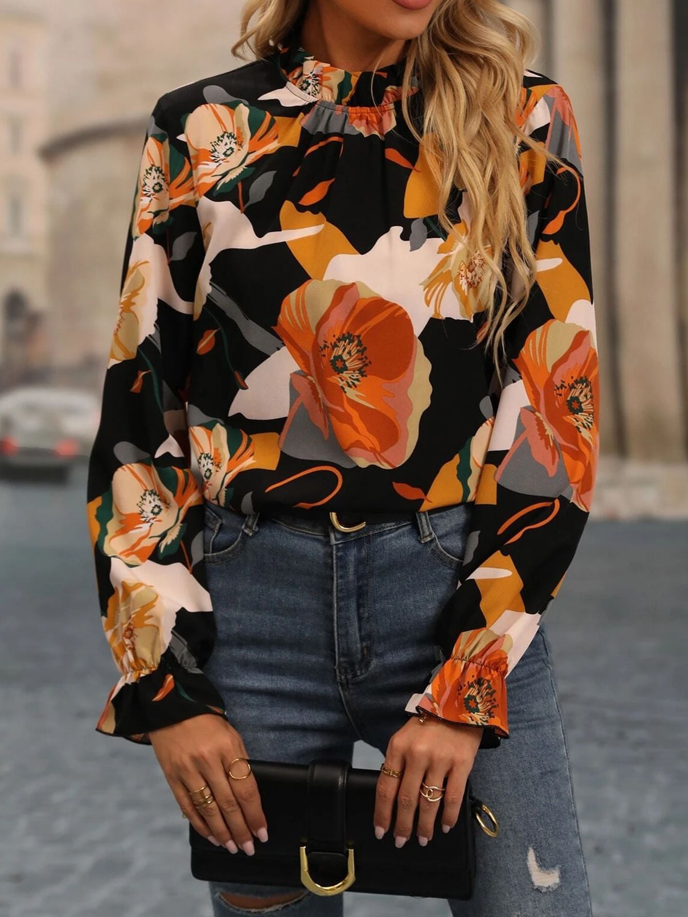 Women Casual Ruffled Collar Long Sleeve Shirt