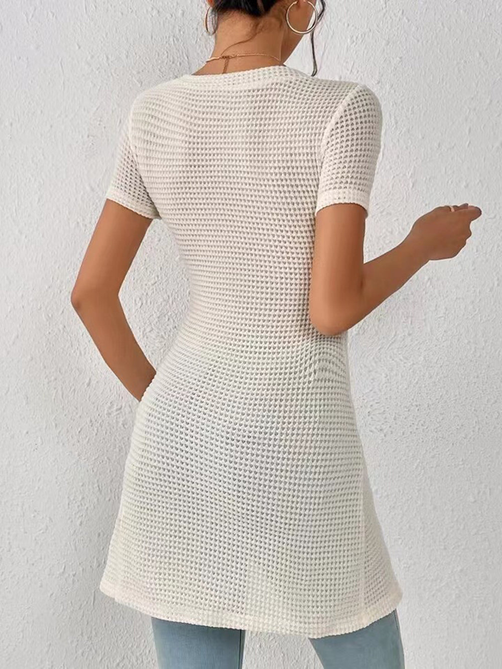 Women's Waffle Knit Long Hem Slit Button Top