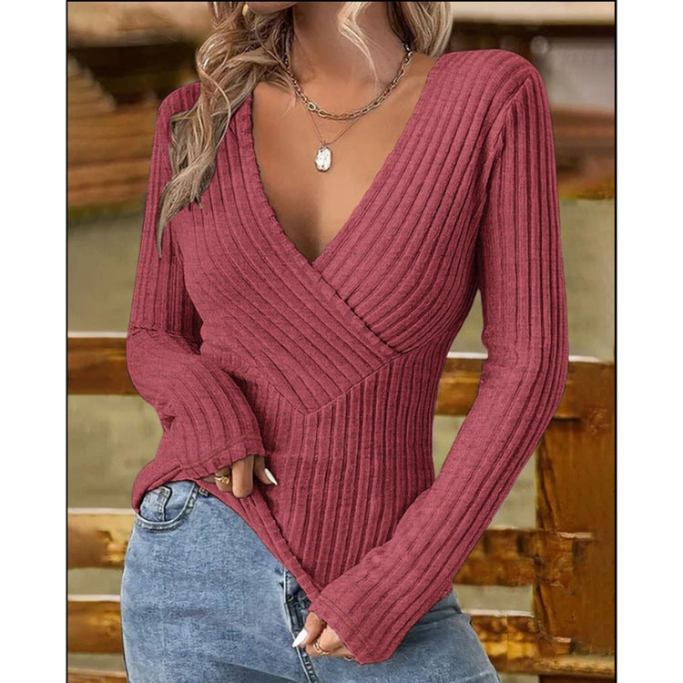 Women's Intellectual Style Pullover V-neck Slim-fit Long sleeve Shirt