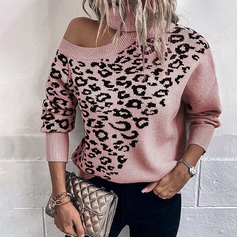 Women's Leopard Print Long-sleeved Sweater Shoulder-baring Sweater
