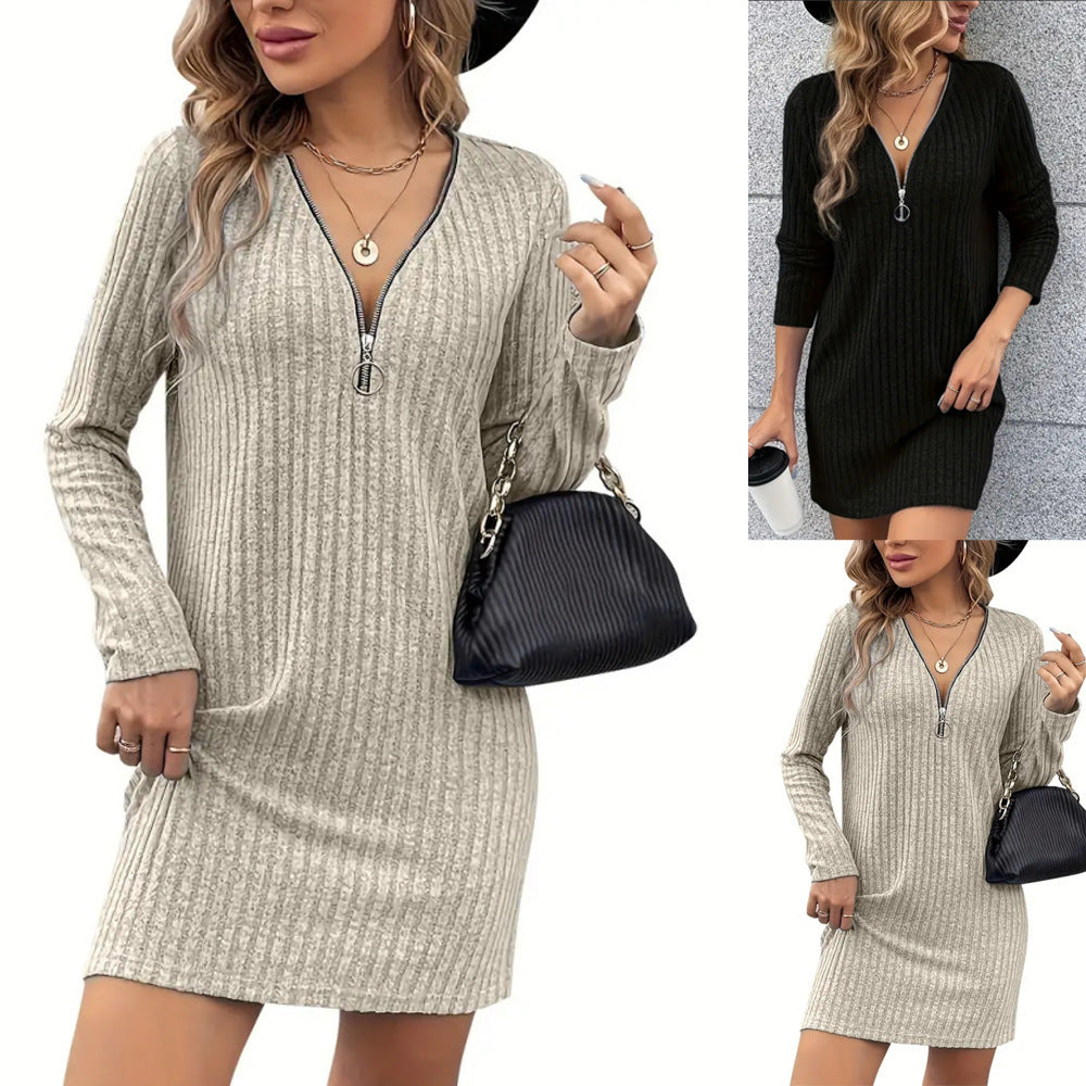 Women's Elegant V-neck Zipper Sunken Stripe Ladies Dress