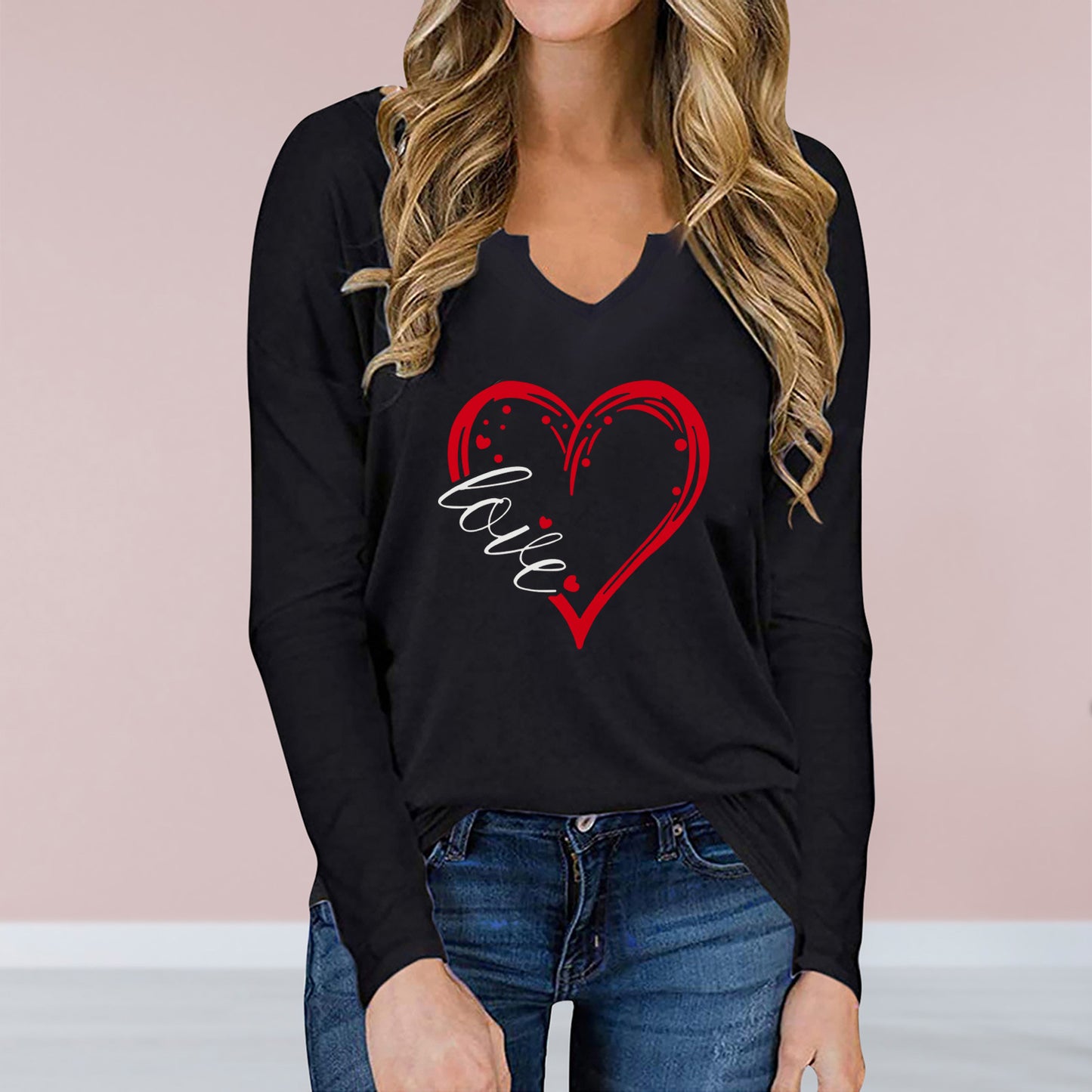 Women's V-neck Heart Printed Shirt - Perfect for Valentines Day