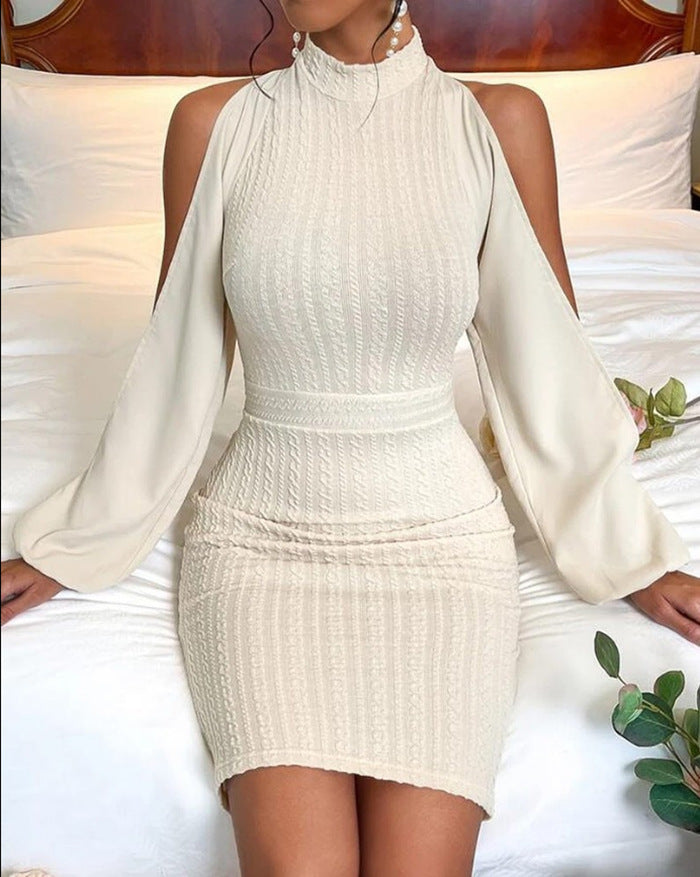 Women's Jacquard Long Sleeve Off-shoulder Turtleneck Dress