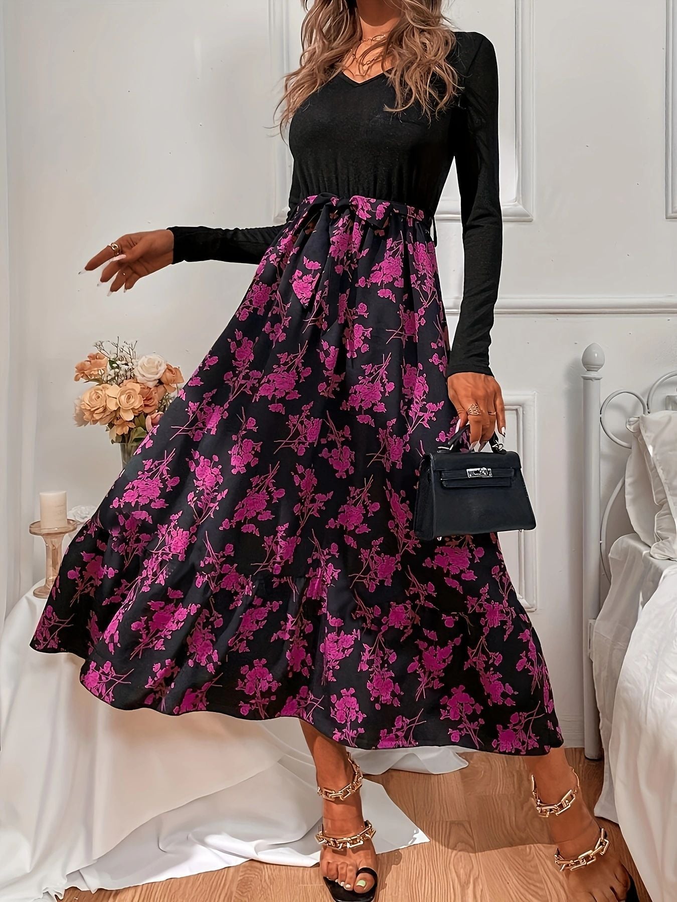 Women's V-neck Flounce Long Floral Dress