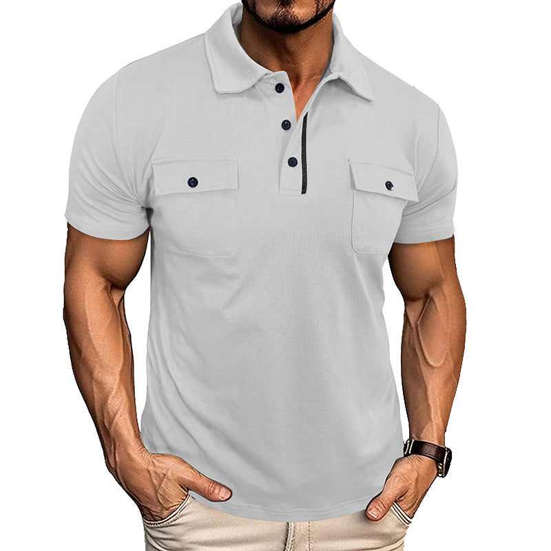 Men's Summer Lapel Button Polo Shirt With Pockets Short Sleeve Top