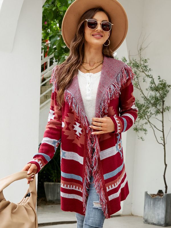 Women's Loose Hooded Tassel Geometric Brocade Sweater