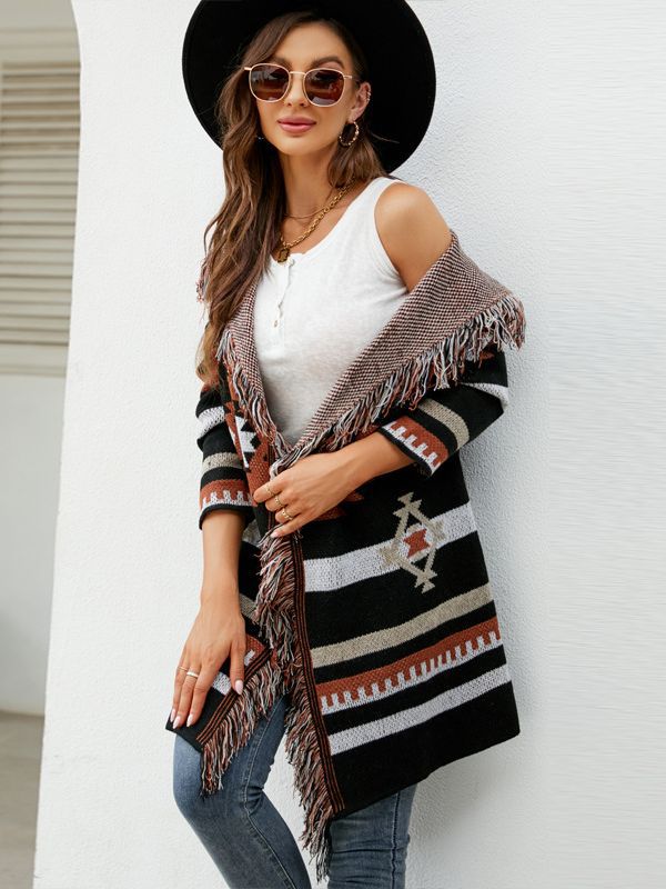 Women's Loose Hooded Tassel Geometric Brocade Sweater