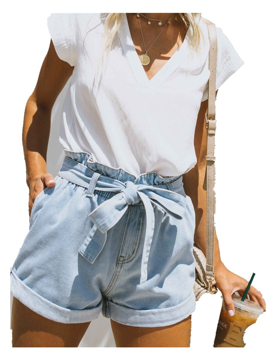 Women's Belted Lace Denim Trendy Shorts