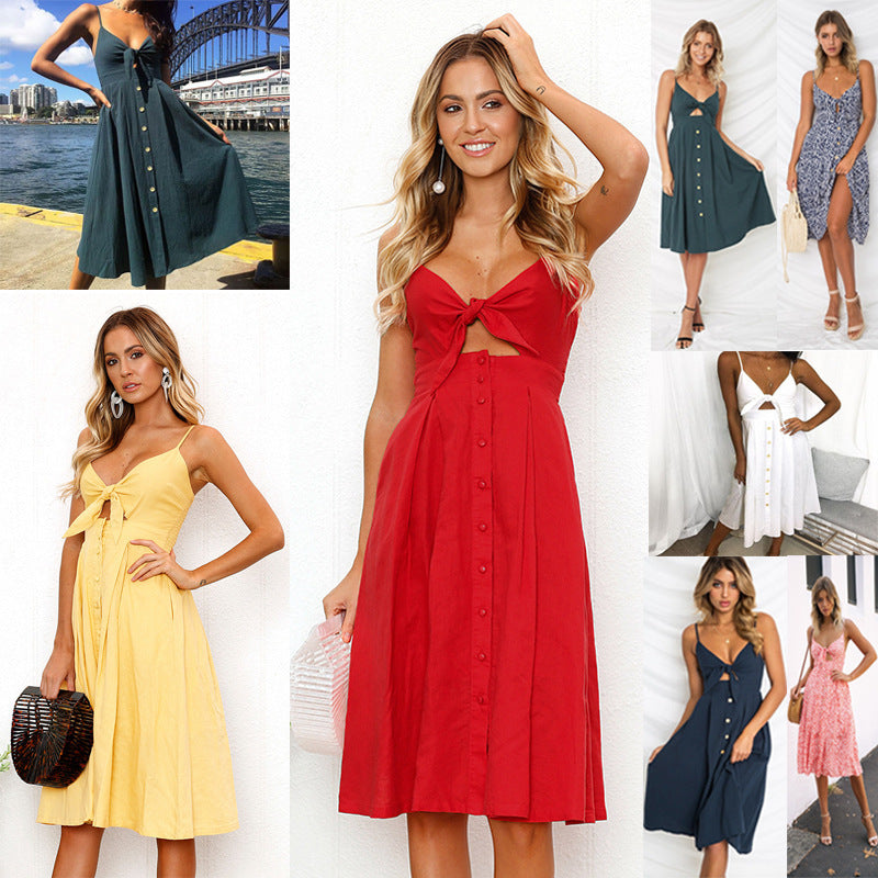 Women's Long Sleeveless Strap Close-fitting Bow Tie Button Front Sheath Dress