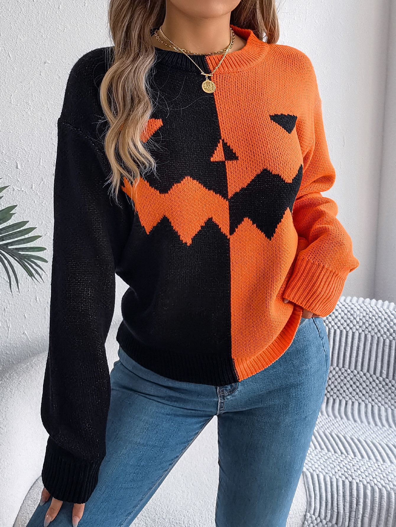 Women's Halloween Contrast-color Pullover Long Sleeve Knitted Top