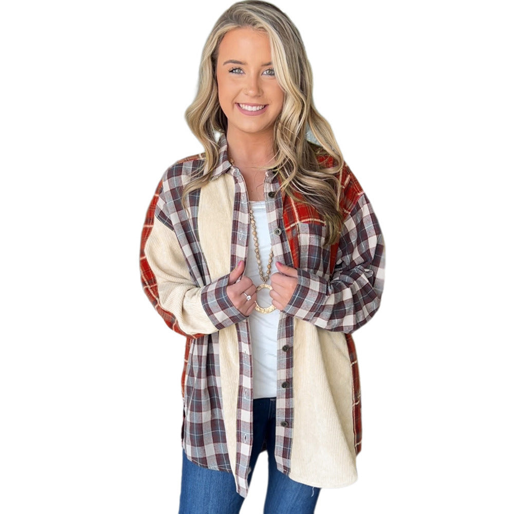 Women's Plaid Corduroy Patchwork Long Sleeve Shirt Jacket