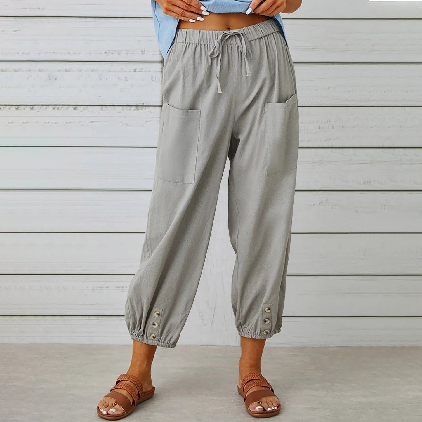 Women's Drawstring Tie Cotton Pants With Pockets & Cute Buttons (Sm-4XL)