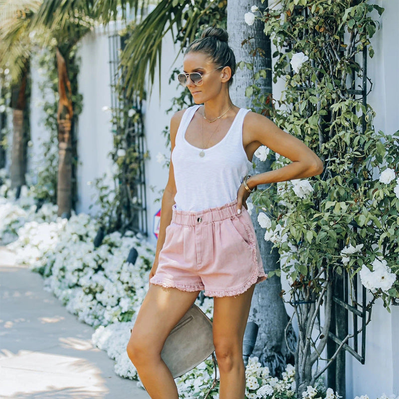 Women's Frayed Lace Denim Elastic Waist Shorts