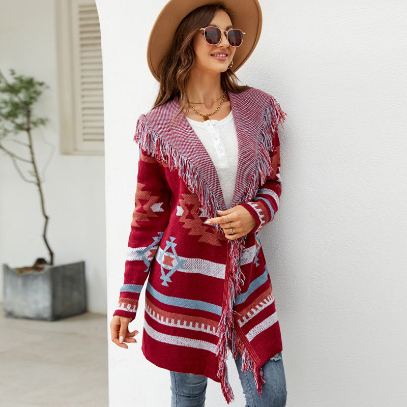 Women's Loose Hooded Tassel Geometric Brocade Sweater