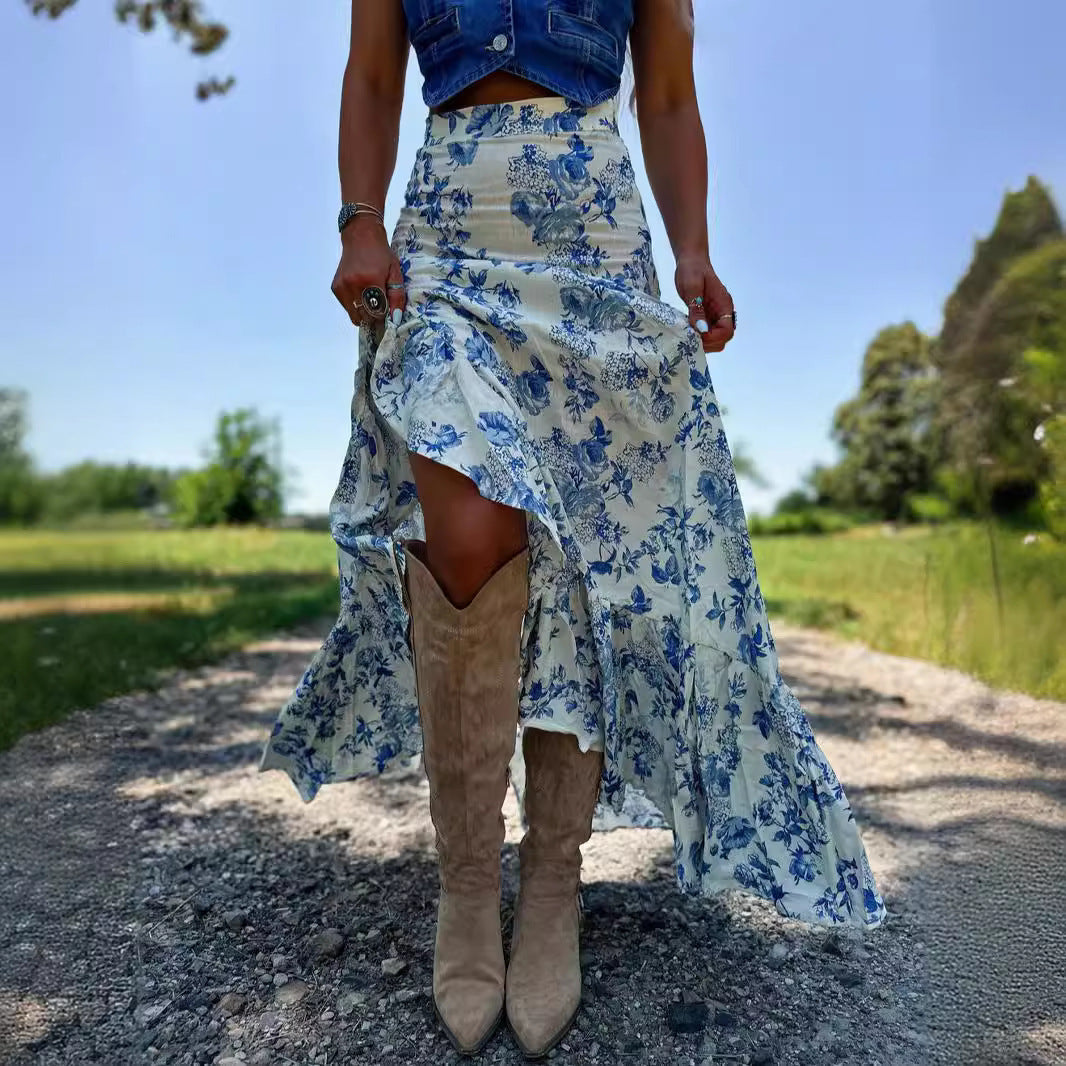 Women's Split Print Pleating Big Hem Skirt