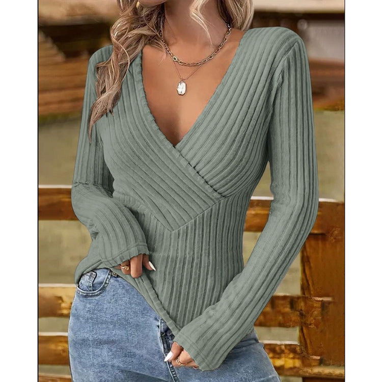 Women's Intellectual Style Pullover V-neck Slim-fit Long sleeve Shirt