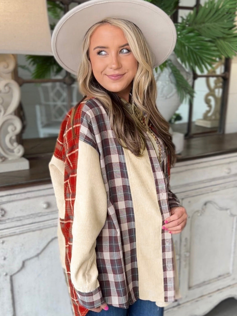 Women's Plaid Corduroy Patchwork Long Sleeve Shirt Jacket