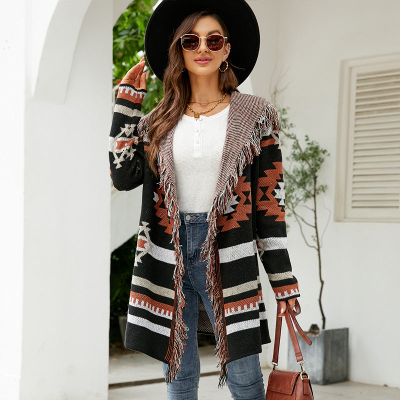 Women's Loose Hooded Tassel Geometric Brocade Sweater