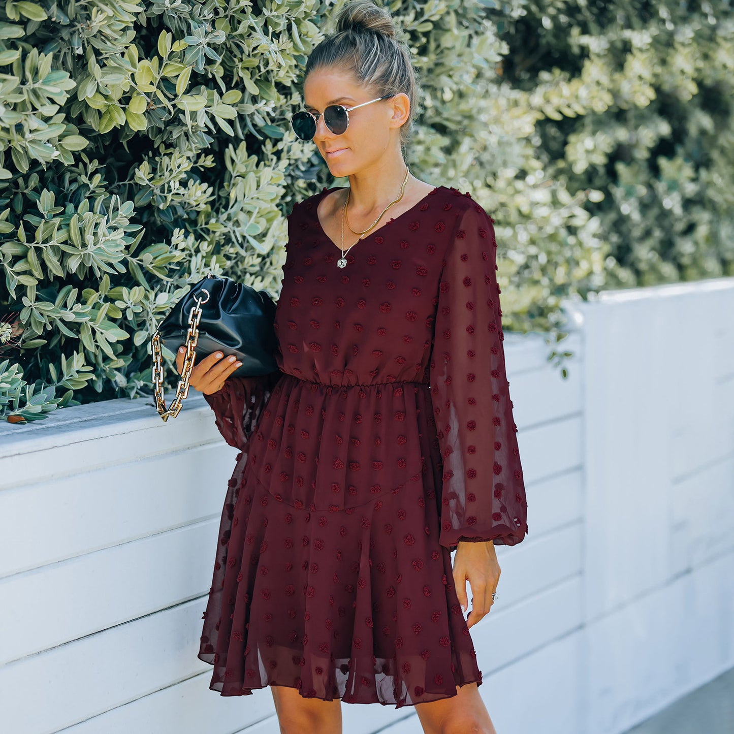 Women's V-neck Long-sleeved Mesh Dress