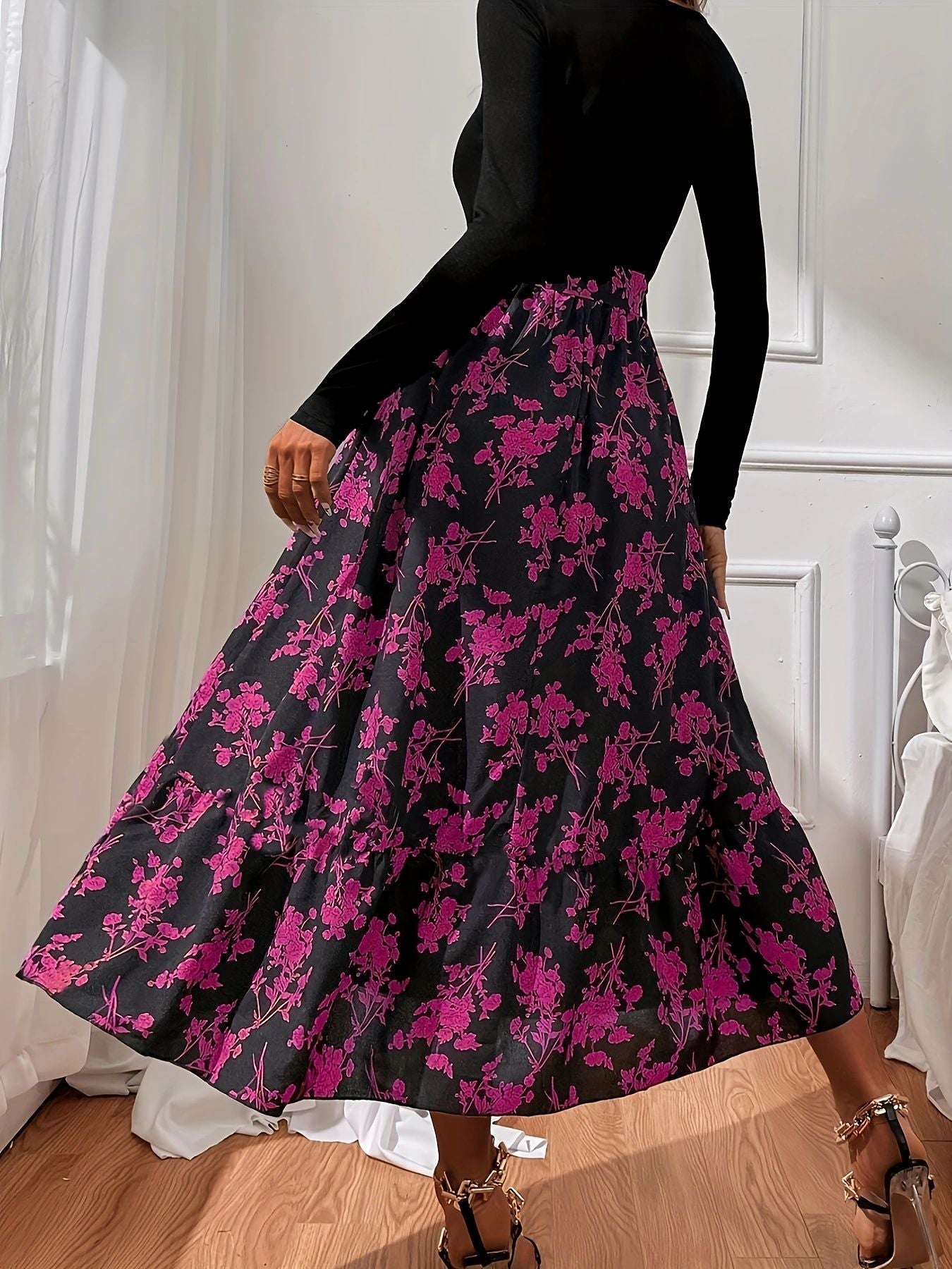 Women's V-neck Flounce Long Floral Dress
