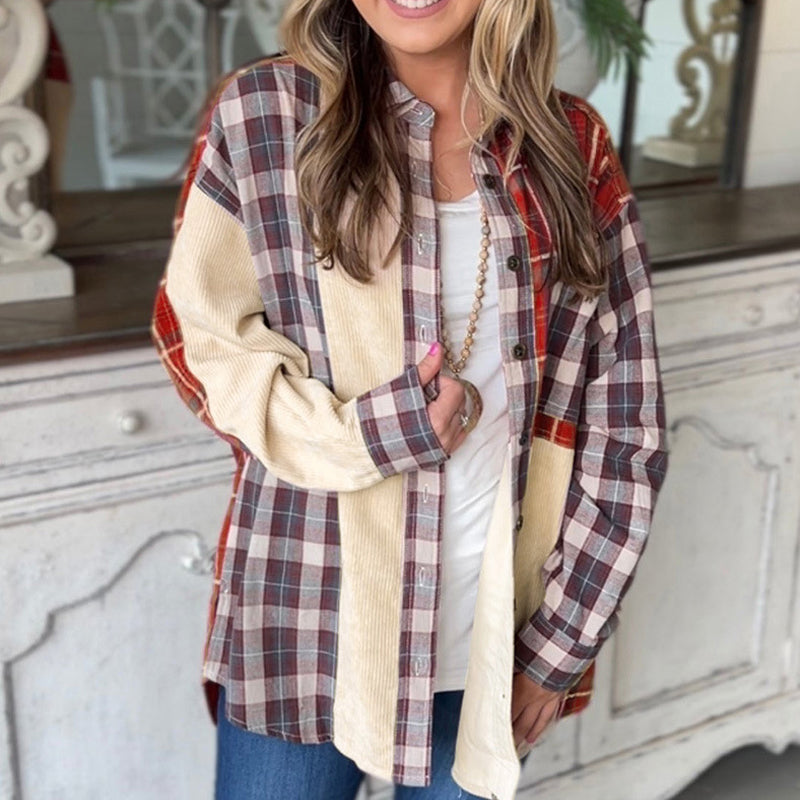 Women's Plaid Corduroy Patchwork Long Sleeve Shirt Jacket