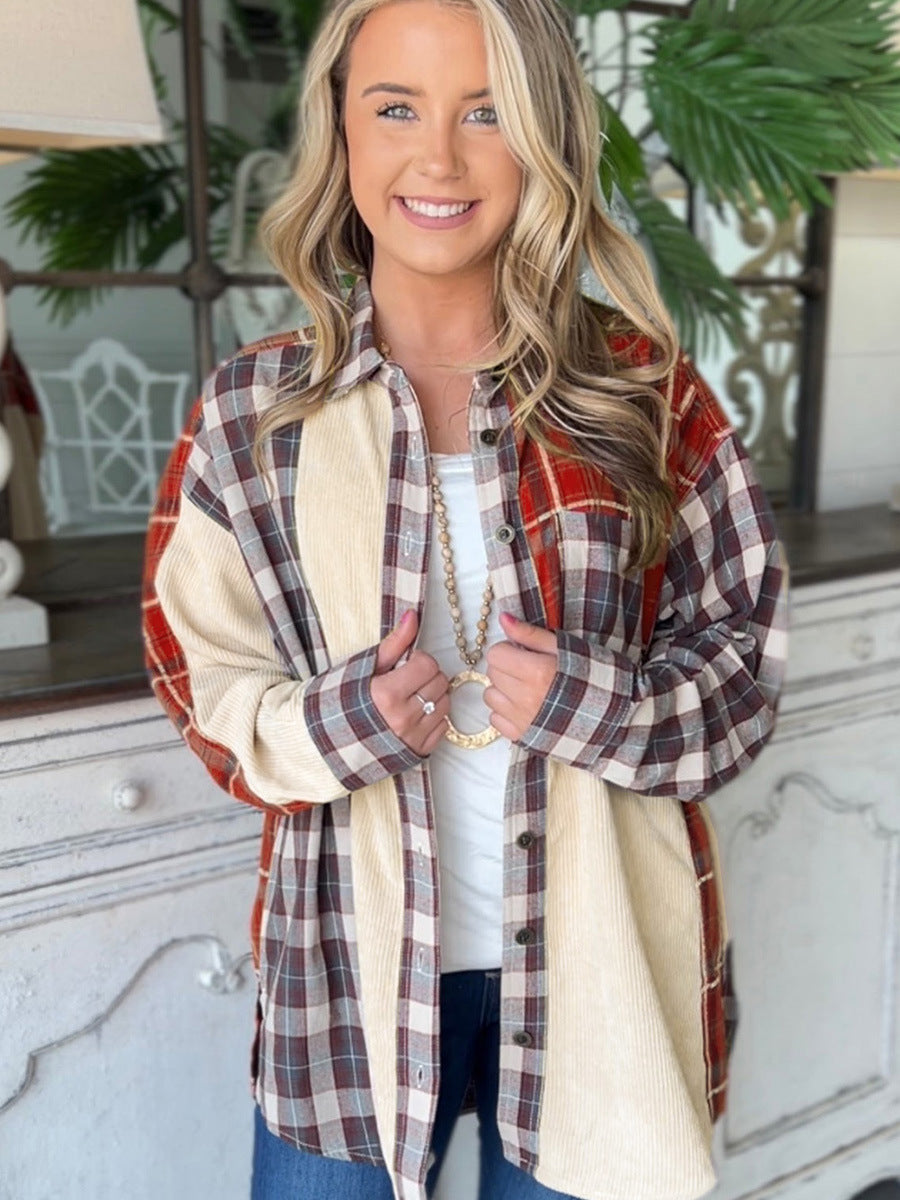 Women's Plaid Corduroy Patchwork Long Sleeve Shirt Jacket