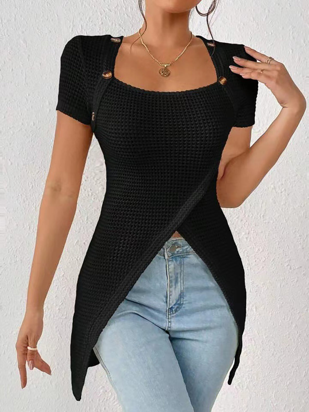 Women's Waffle Knit Long Hem Slit Button Top