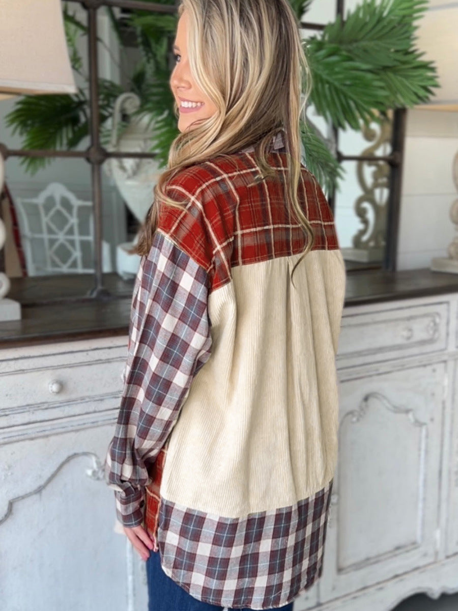 Women's Plaid Corduroy Patchwork Long Sleeve Shirt Jacket