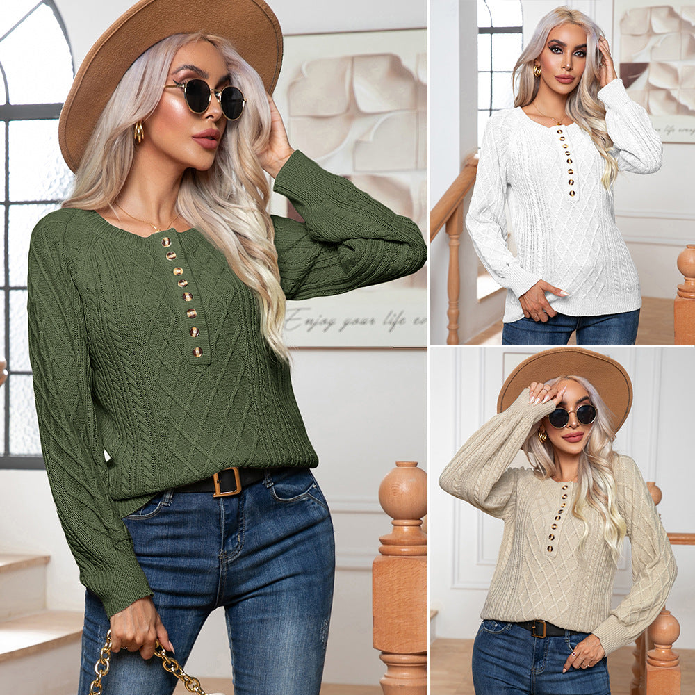 Women's Casual Button Twisted Long Sleeve Knitted Pullover