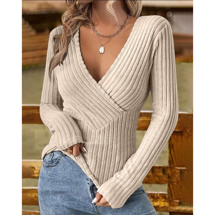 Women's Intellectual Style Pullover V-neck Slim-fit Long sleeve Shirt